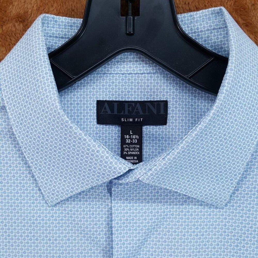 ALFANI Dress Shirt Mens Size 16 16.5 32 33 Blue Neat Geo Slim Fit Stretch